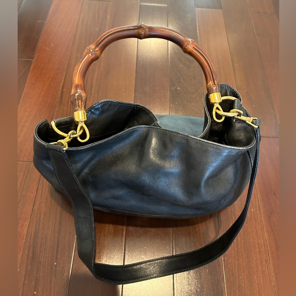 Vintage black leather Gucci shoulder bag bamboo handle